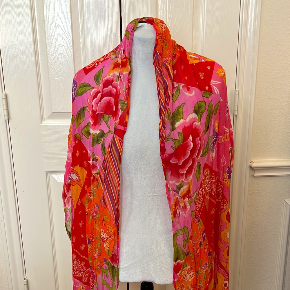 Vintage Rene Derby Multicolored Flowers Beaded Long Scarf